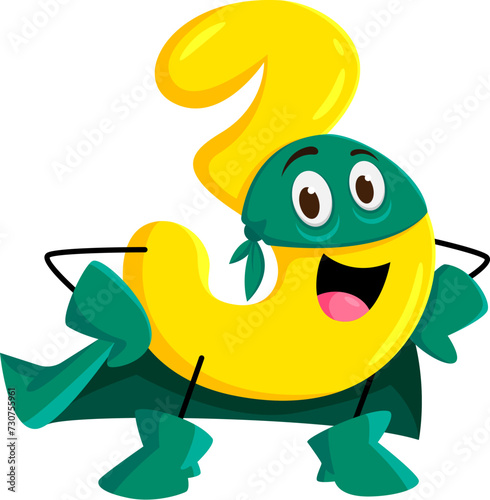 Cartoon math number three superhero character with expressive and charming smile. Isolated vector yellow colored digit 3 super hero personage for children books and mathematics educational materials