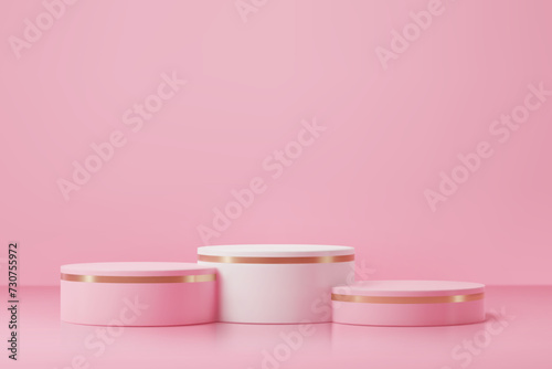 Round pink podium stage with golden rings for product display. Vector realistic geometric shape platform, stand or pedestal of 3d presentation showcase. Empty minimal pastel pink cylinders