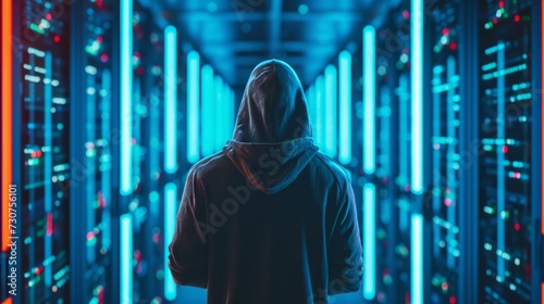 Hacker in hoodie stealing information from database server room  behind view  security breach