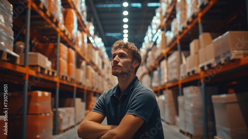 Man working in logistic warehouse, Fulfillment, logistics, transportation background. Generative AI.
