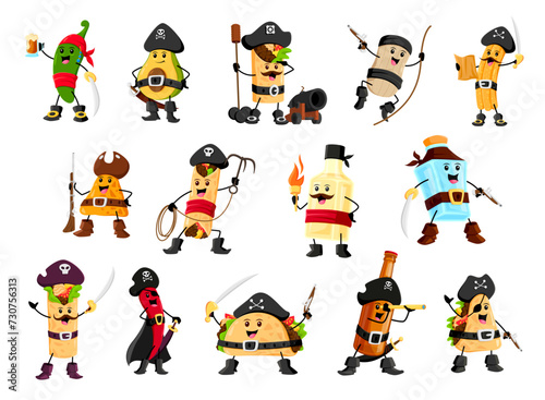 Cartoon pirate and corsair tex mex mexican food and drink characters. Cute filibuster captain and sailors fast food vector personages. Happy pirate taco, nachos, burrito and chili, avocado and tequila