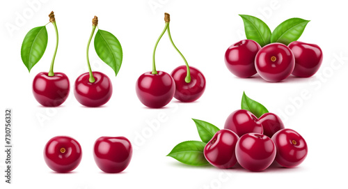Realistic isolated ripe raw cherry berries, vector fresh fruit food. 3d sour or sweet red cherries bunches with green leaves and stems, garden juicy fruits for cocktail, pie, jam or dessert ingredient photo