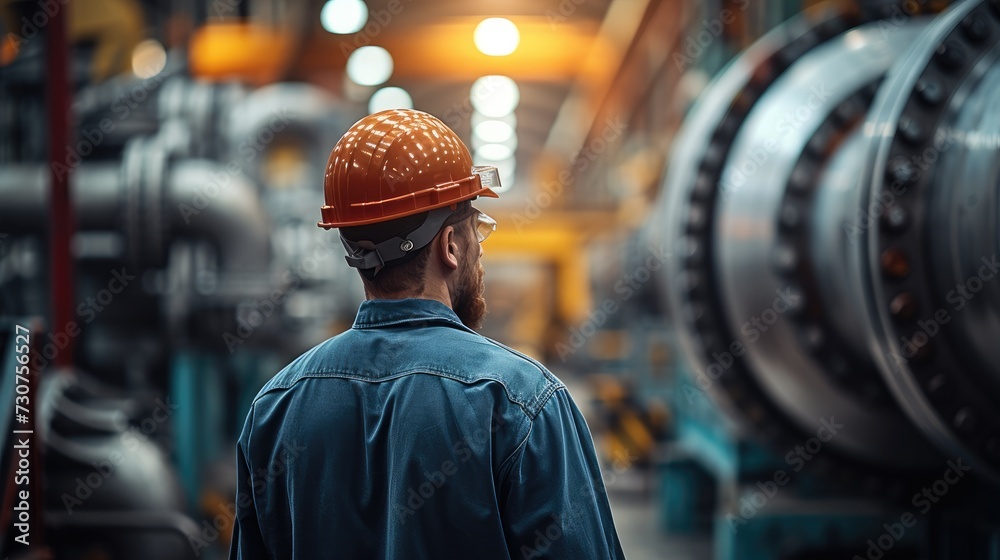 The worker wearing a hard hat, stands in focus while the big air compressor running inside factory, showcasing the worker role in the dynamic factory process. Generative AI.
