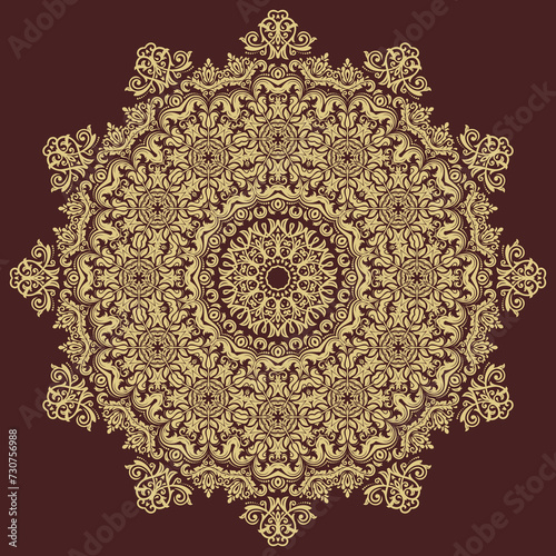 Oriental ornament with arabesques and floral elements. Traditional round golden classic ornament. Vintage pattern with arabesques