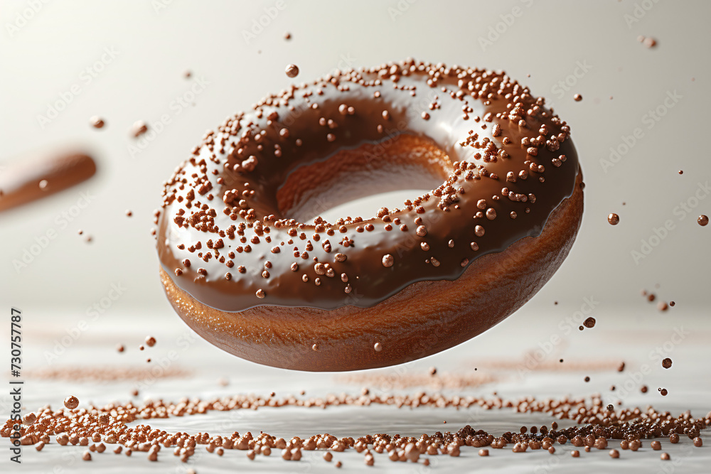 Chocolate donut with chocolate icing and sugar sprinkles floating