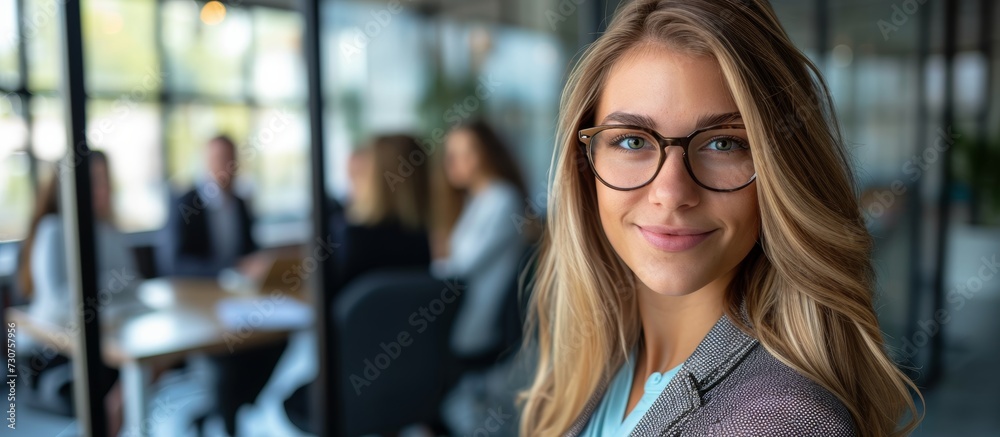 A woman with layered hair and electric blue glasses is wearing a smile while gathering with a group of people at a fun office event. - obrazy, fototapety, plakaty 