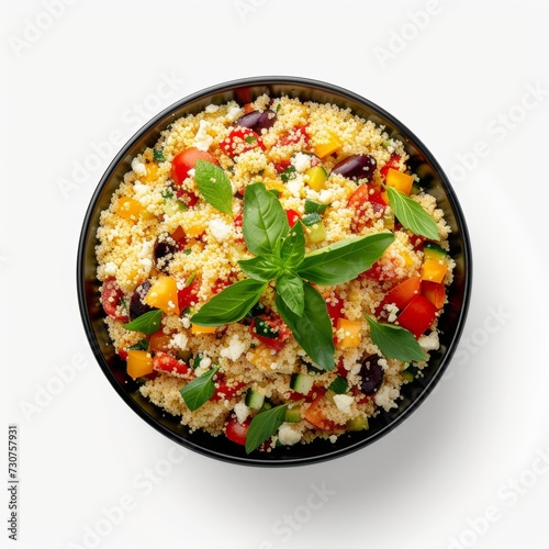 Top View Colorful Couscous Salad with Fresh Vegetables and Herbs on White Background