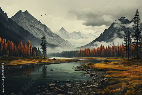 River flows through mountain valley on both sides of which tall trees grow with autumn dark and cloudy sky