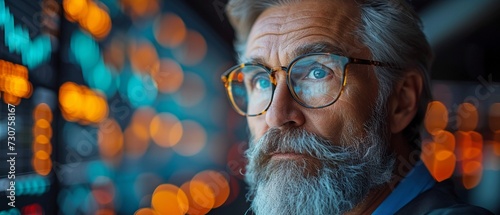 A bearded adult speaker elucidating financial strategies photo