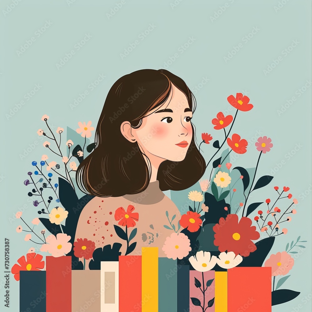 Fototapeta premium girl with books and flowers illustration.