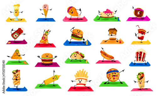 Cartoon fast food characters on yoga fitness sport. Vector cocktail, ice cream, chicken drumstick and cheesecake. Donut, ketchup or mustard bottles, pizza, burger, cola and coffee cups, hot dog, taco