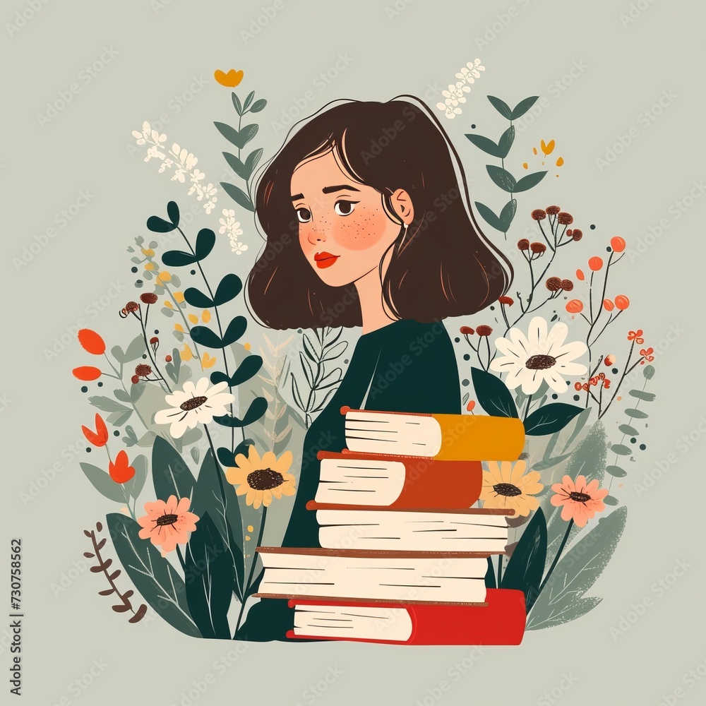 girl with books and flowers illustration. girl with books and flowers illustration.