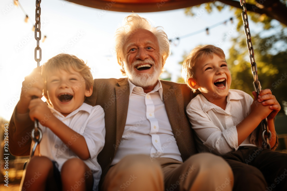 Obraz premium Old man with grandchildren on swing. Embracing family bonding and joyful moments in the sunlit countryside, cherishing intergenerational connections and outdoor playtime