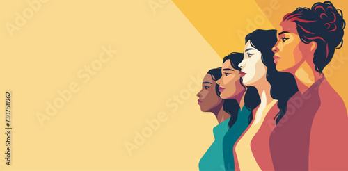 Vector horizontal banner for Women's Day, women of different nationalities stand side by side. Vector concept of movement for gender equality and women's empowerment