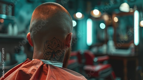 A picture of a bald man with a tattoo on his neck. This image can be used to represent a tough or edgy character