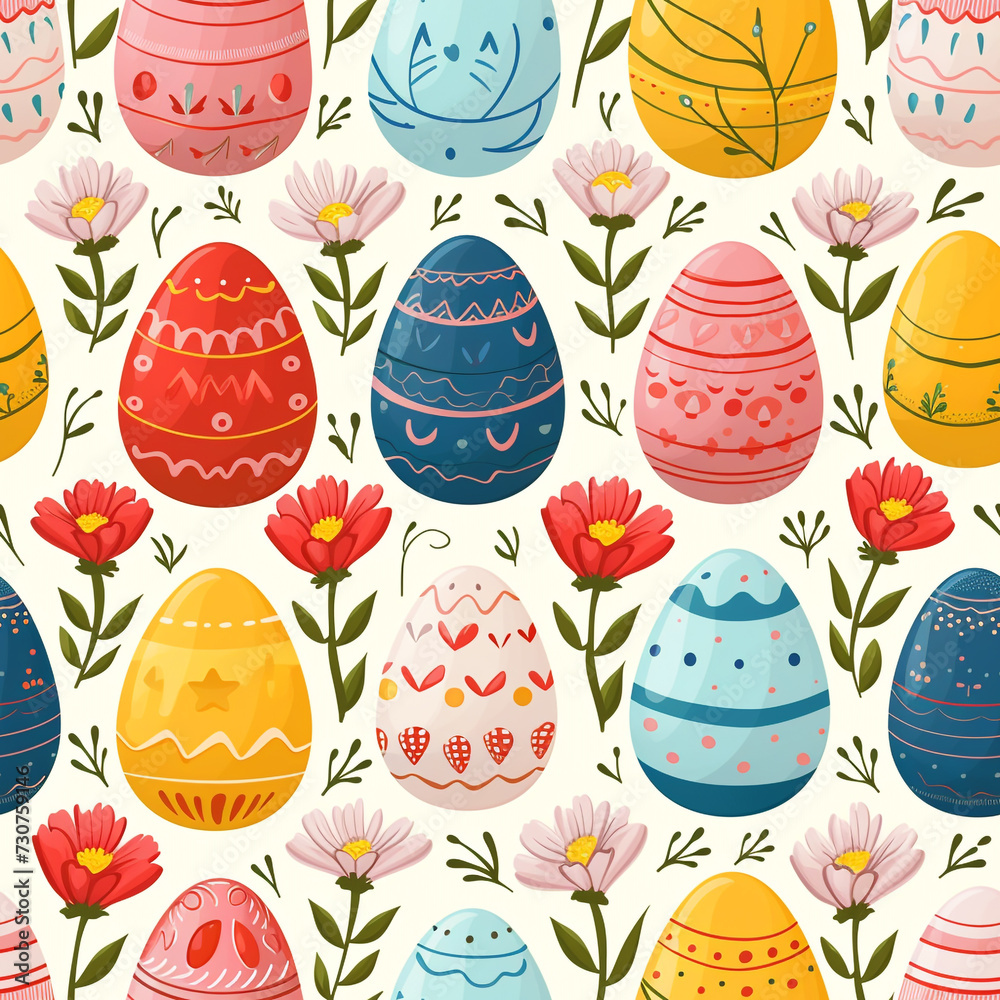 A festive Seamless pattern featuring decorated Easter eggs interspersed with blooming spring flowers, capturing the essence of Easter celebrations.