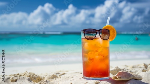 Tropical ice cocktail with sunglasses on the beach