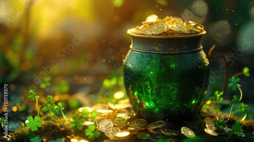 A green pot filled with gold coins sitting in the grass. Ideal for financial concepts and luck-related themes