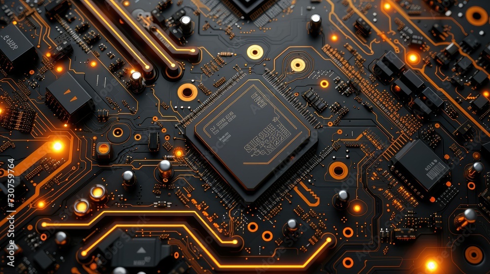 Fototapeta premium An electrical circuit board that has many different colors, dark gold and orange, calming symmetry, webcore, miniature core, post-internet aesthetics. Generative AI.