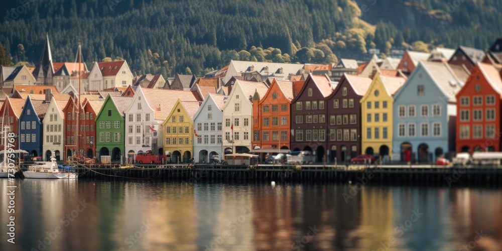 A vibrant row of buildings stands next to a serene body of water. This image can be used to depict a picturesque waterfront scene or a charming coastal town.