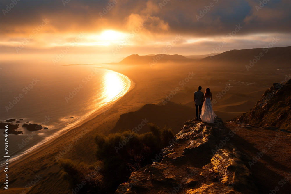 Couple standing on top of a cliff looking at sunset