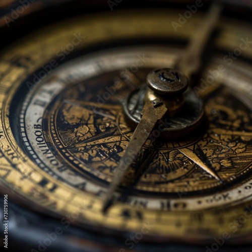 Closeup of a vintage compass on a dark background. Selective focus