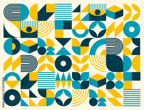 Modern turquoise, yellow and dark abstract geometric pattern background. Captivating vector backdrop with bright hues immerses in a dynamic visual symphony, seamlessly blending contemporary aesthetics