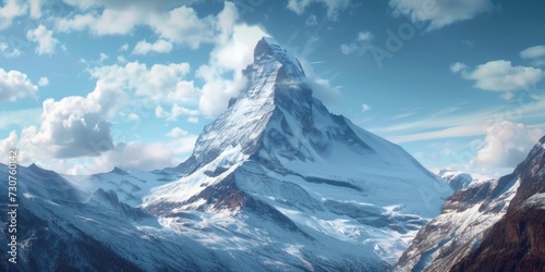 A picturesque mountain covered in snow, with clouds in the sky. Ideal for travel and adventure themes