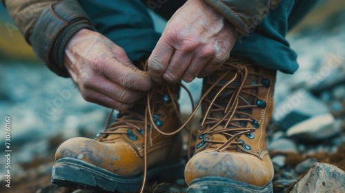 Close-up shot of someone tying up a pair of boots. Perfect for outdoor activities and adventure themes