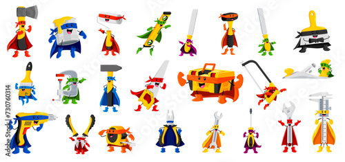 Cartoon diy and repair tool characters in superhero costumes. Vector hatchet, paint brush, spatula and jointer. Screwdriver, mallet, drill, wrench or spanner. Trammel, chisel, hammer and saw defenders photo