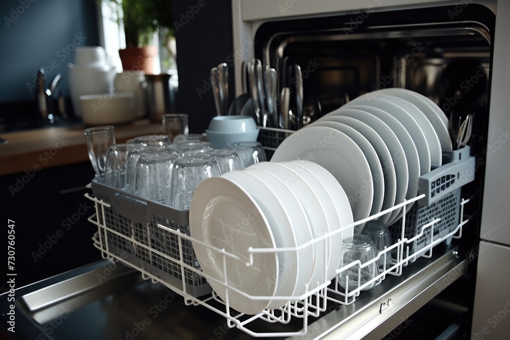 A dishwasher filled with lots of white dishes. Perfect for kitchen and household concepts A dishwasher filled with lots of white dishes. Perfect for kitchen and household concepts
