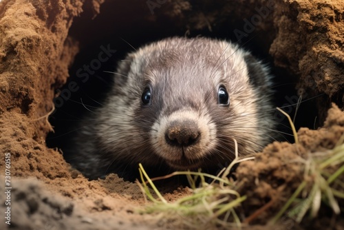 A close-up photograph of a small animal in a hole. This image can be used to depict wildlife, nature, or animal habitats © Fotograf