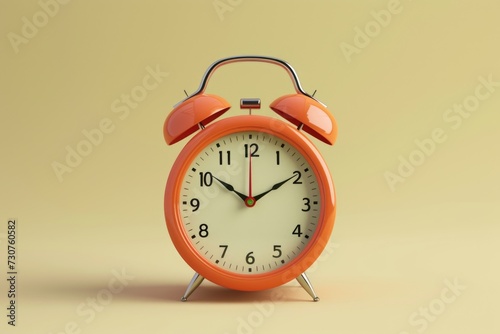 An orange alarm clock sitting on top of a table. Perfect for time management and morning routine concepts
