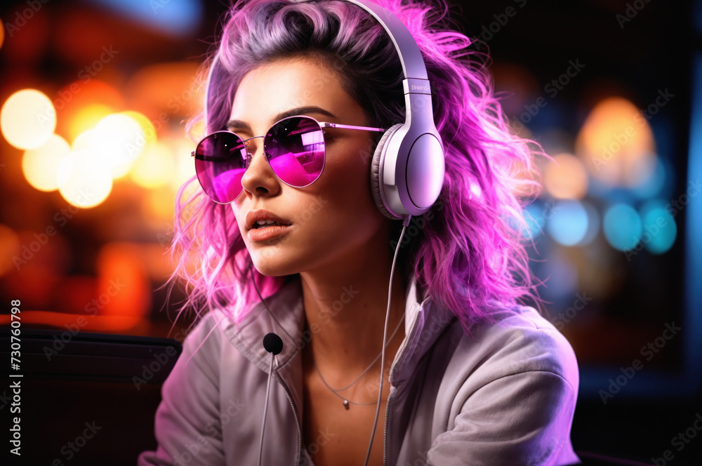 Portrait of stylish young female. Embracing modern lifestyle with trendy fashion, music, and technology, radiating beauty and confidence with glass