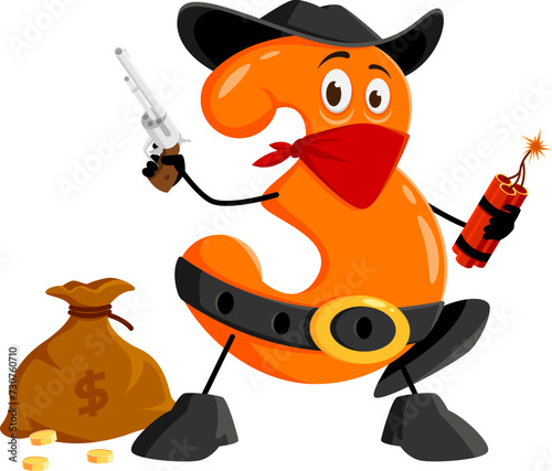 Cartoon math number three cowboy and ranger, robber and bandit character. Isolated vector 3 personage with a revolver, dynamite, and a money sack, calculates chaos, in the wildest numerical showdowns