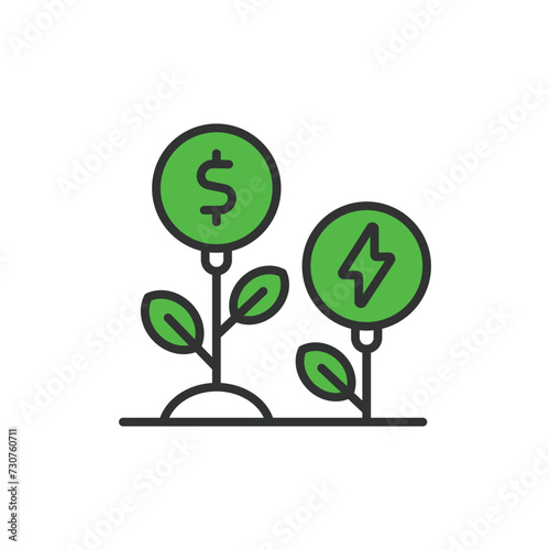 Money and energy as plants growing icon in line design. Money, Energy, Plants, Growth, Investment, Harvest, Profit isolated on white background vector. Money and energy growing editable stroke icon.