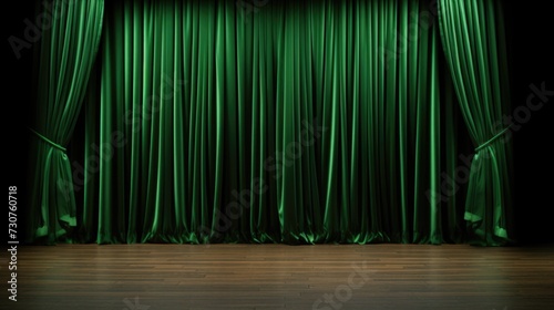 A stage with green curtains and a wooden floor. Ideal for theater productions or dance performances