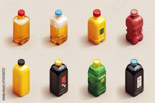 A collection of six plastic jugs in various vibrant colors. Ideal for storing liquids or organizing household items photo