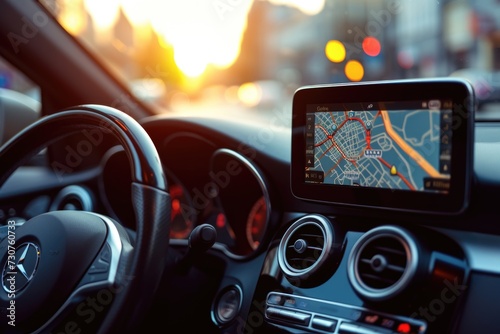 A picture of a car dashboard with a GPS device. Can be used to illustrate navigation, technology, or road trips photo