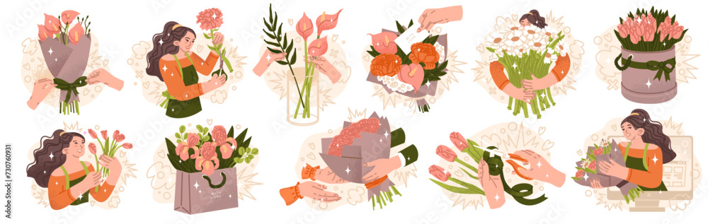 A set of illustrations on the theme of selling flowers. Compositions for a florist shop. Congratulations on the holiday with a bouquet. Online application. Vector illustration - obrazy, fototapety, plakaty 