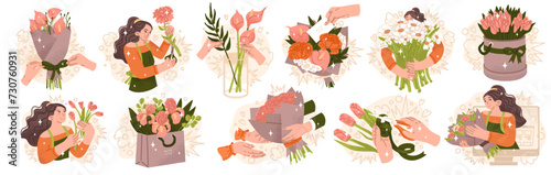 A set of illustrations on the theme of selling flowers. Compositions for a florist shop. Congratulations on the holiday with a bouquet. Online application. Vector illustration