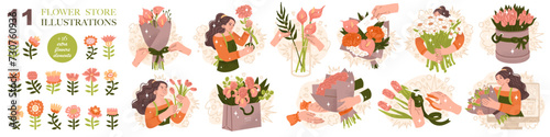 A set of illustrations on the theme of selling flowers with additional floral elements. Compositions for a florist shop. Happy holidays. Vector illustration isolated on transparent background.