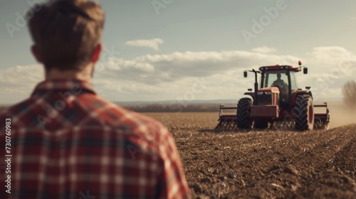 A man standing in a field with a tractor behind him. Suitable for agricultural, farming, or rural lifestyle concepts © Fotograf