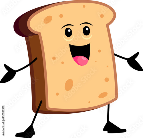 Cartoon funny bread toast character. Isolated vector quirky bakery personage with a smiling face, golden brown and crispy crust, radiates warmth and breakfast charm, ready to brighten the morning