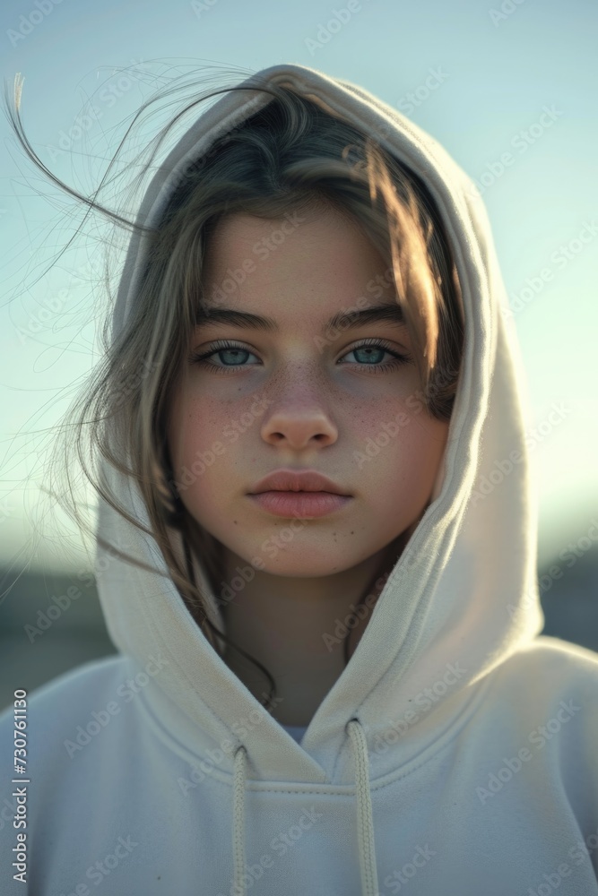A girl in a white hoodie gazes directly at the camera. Suitable for various uses A girl in a white hoodie gazes directly at the camera. Suitable for various uses
