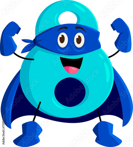 Cartoon math number eight superhero character with expressive and charming smile. Isolated vector blue colored powerful digit 8 super hero personage for children books or mathematics educational games
