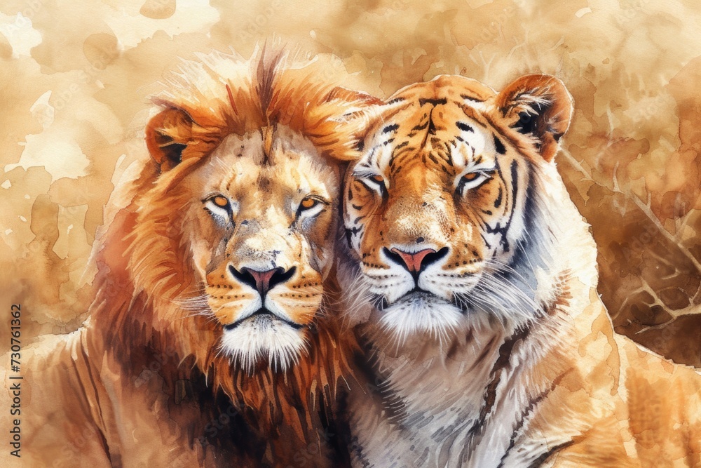 Two lions sitting side by side, showcasing their majestic presence. Perfect for wildlife enthusiasts or animal-themed projects Two lions sitting side by side, showcasing their majestic presence. Perfect for wildlife enthusiasts or animal-themed projects