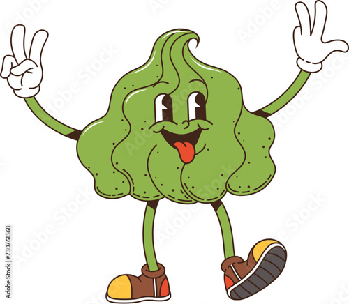 Cartoon retro groovy wasabi sauce character. Isolated vector green spicy paste swirl. Vibrant, playful condiment personage with a mischievous smile,, and lively, expressive eyes full of energy and fun
