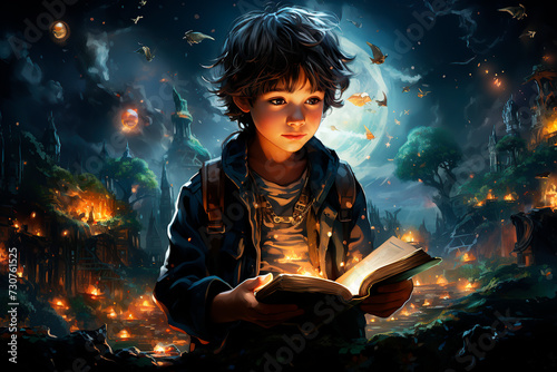 Young reader engrossed in a book, with a vibrant, fiery universe unfolding before him