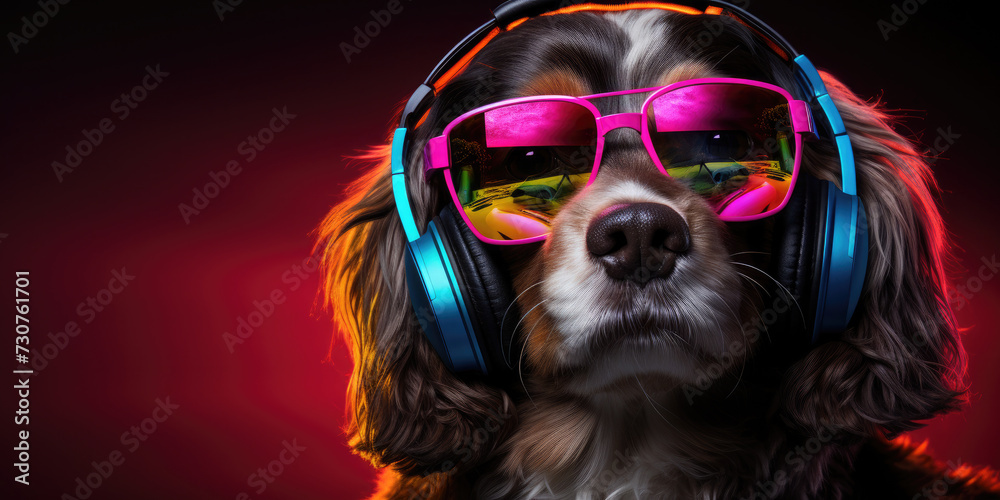 Happy dog in glasses and headphones listens to music on a black background. Nightlife, party. Funny meme. Banner. Copy space